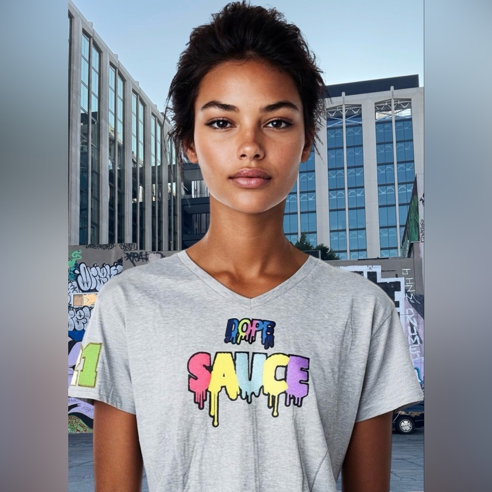 Custom “DOPE SAUCE” Hanes Heather Grey V-Neck T-Shirt Size XL